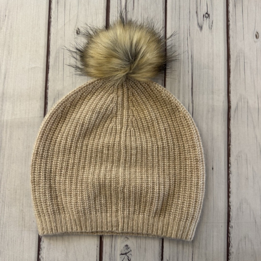 Garnet Hill 100% Cashmere Beanie Hat Faux Fur Pom One Size Quite Luxury